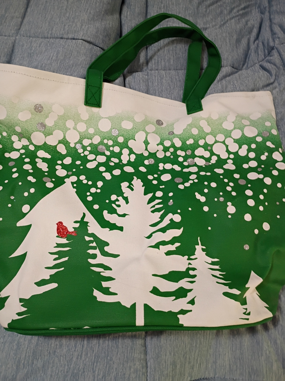 Green & White Winter Forest Tote Bag with Red Accent - Barnes And Noble